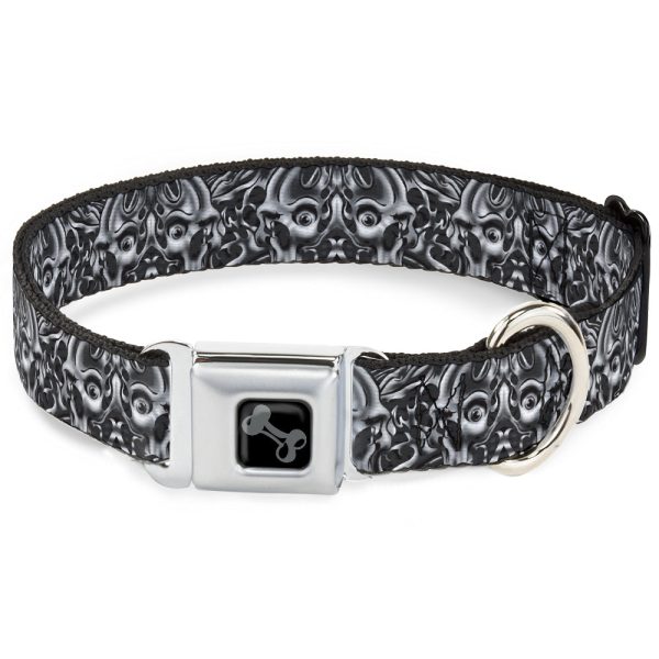 Dog Bone Black Silver Seatbelt Buckle Collar - Sleeve Skulls Black Gray Hot on Sale